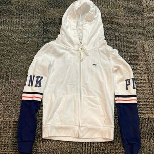 PINK XS White with blue and red stripe sleeve hooded sweatshirt
